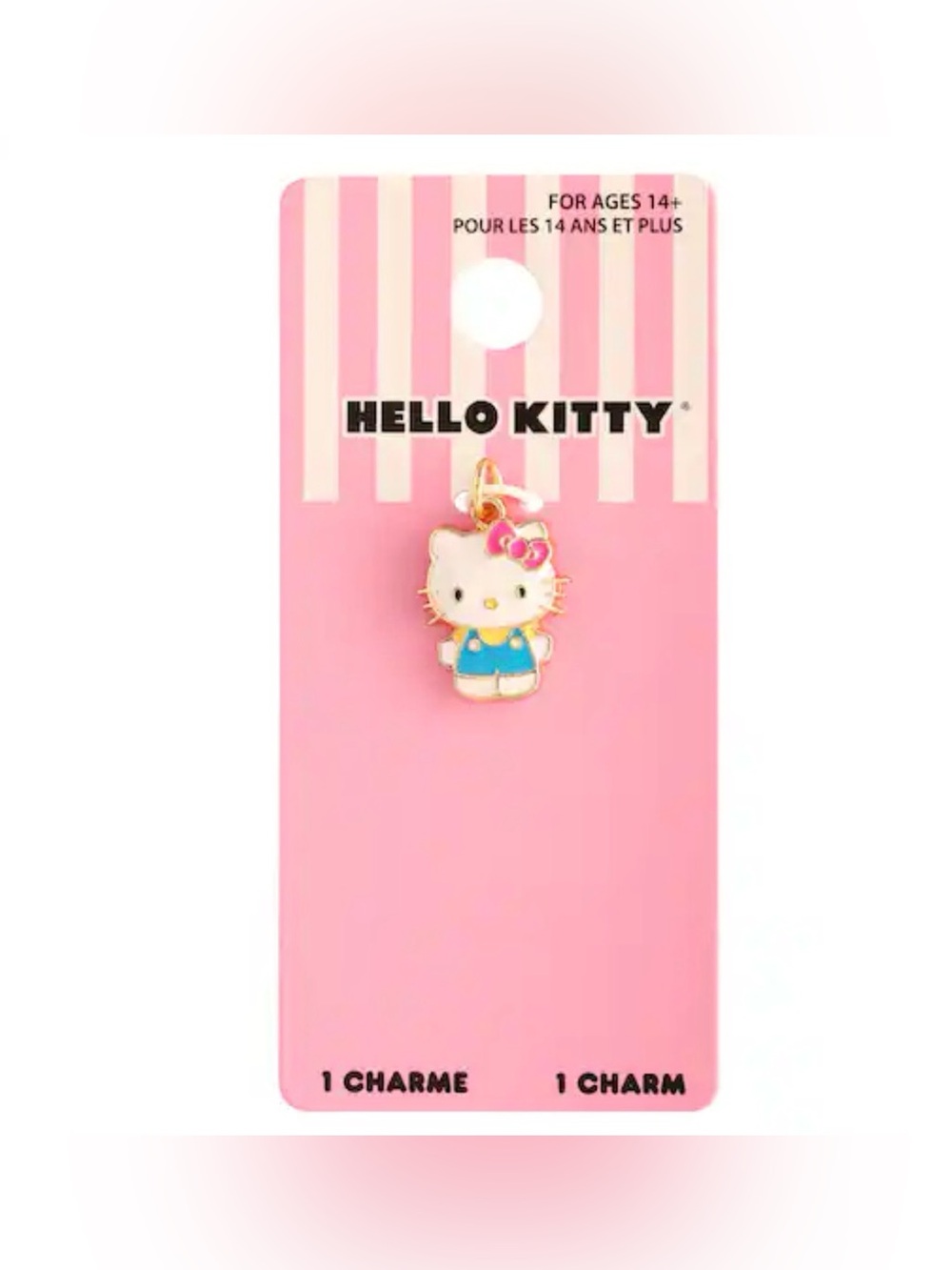 Hello Kitty Gold-Trim White Enamel Phone Charm with Pink Bow and Blue Outfit